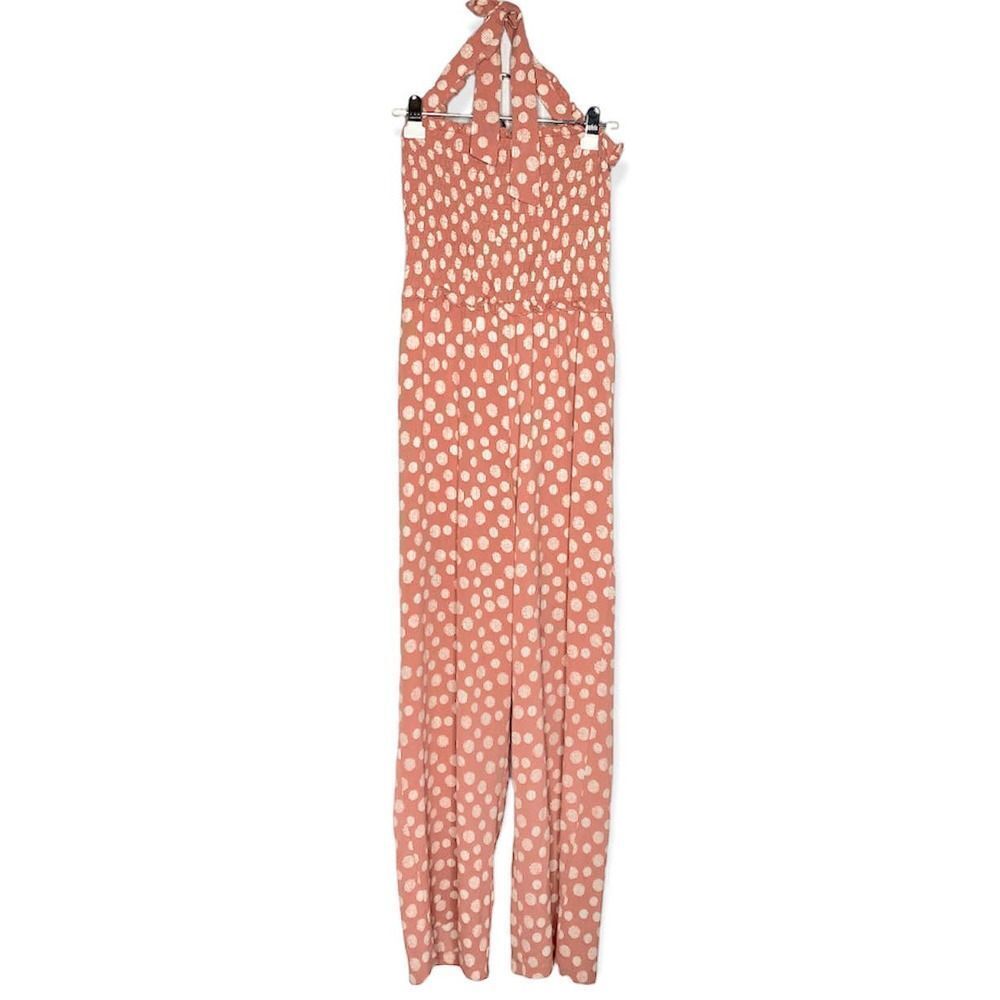 Candie's Smocked Sleeveless Polka Dot Halter Tie Jumpsuit Large Pink White New - Picture 2 of 12